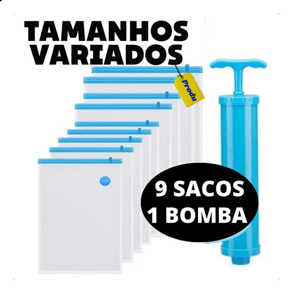 Kit 9 Sacos a Vácuo para Viagem com Mini Bomba Manual Roupas Edredom Reduz Volume em 3