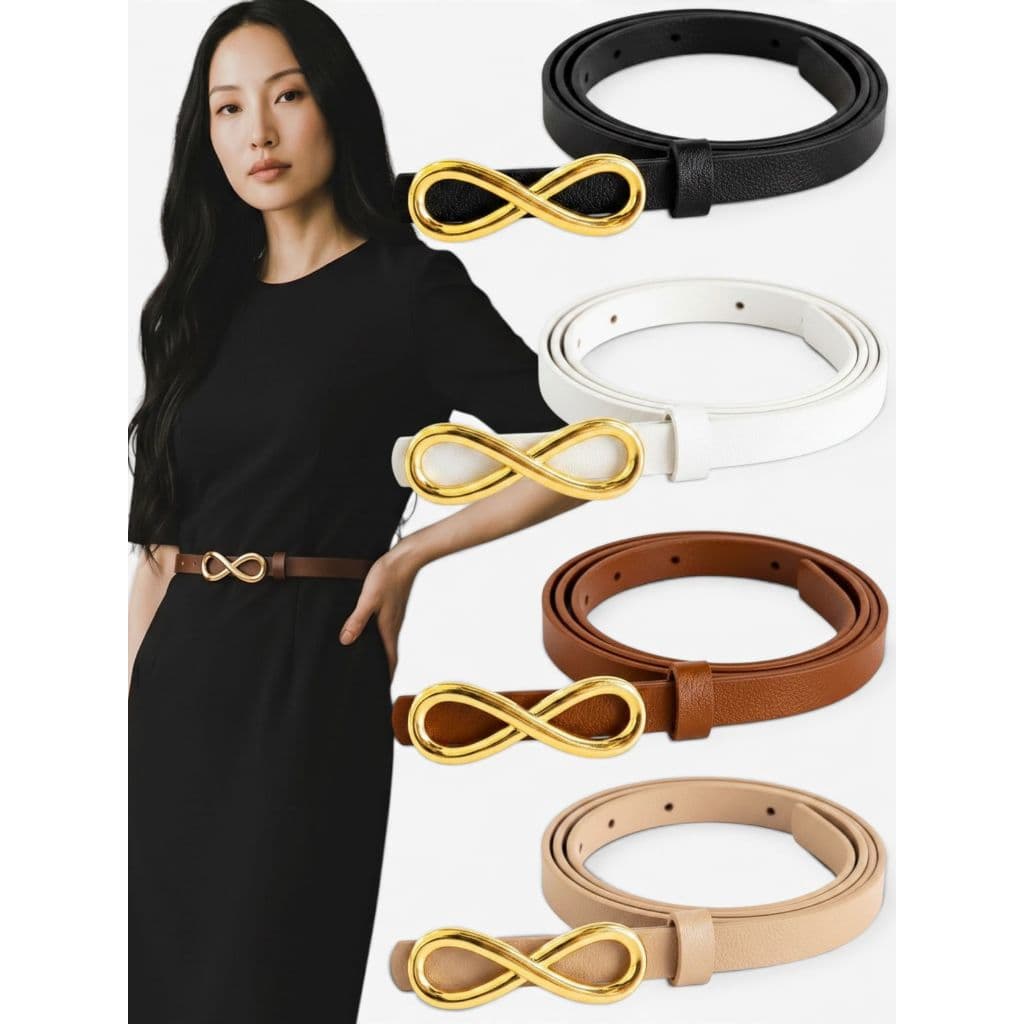 Kit4 Cinto Feminino Da Moda Resistente Ajustável Fivela Infinito Fino 1,5cm Couro Sintético - Maitê
