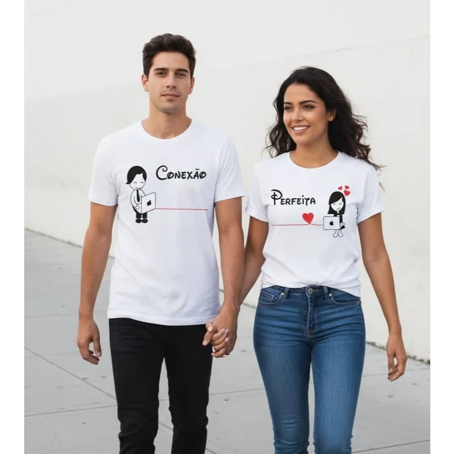 Kit 2  Camiseta Casal Combinando Estampa Conexão Perfeita Presente Dia dos Namorados