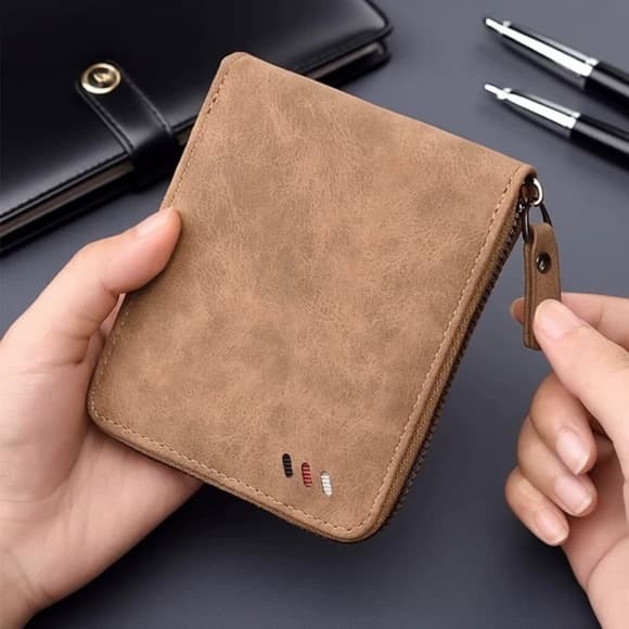 Carteira Vintage De Couro PU Masculina Com Zíper Porta-Moedas Para Cartão De Grande Capacidade-Presente De Dia Dos Pais