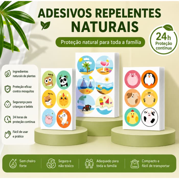 Adesivos Repelente Citronela Infantil 36 Unidades - Proteção Natural e Desenhos Divertidos