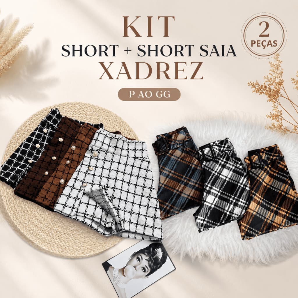 Kit Combo Short E Short Saia Xadrez Feminino Cintura Alta Com Cinto P Ao GG 36 Ao 46 Leve mais por Menos Kit 2 Peças