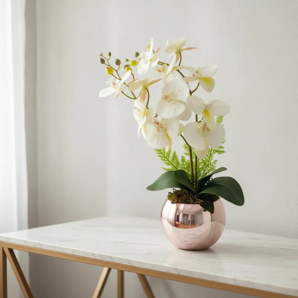 Arranjo Flor Artifical com Duas Hastes Orquídea Vaso Rose