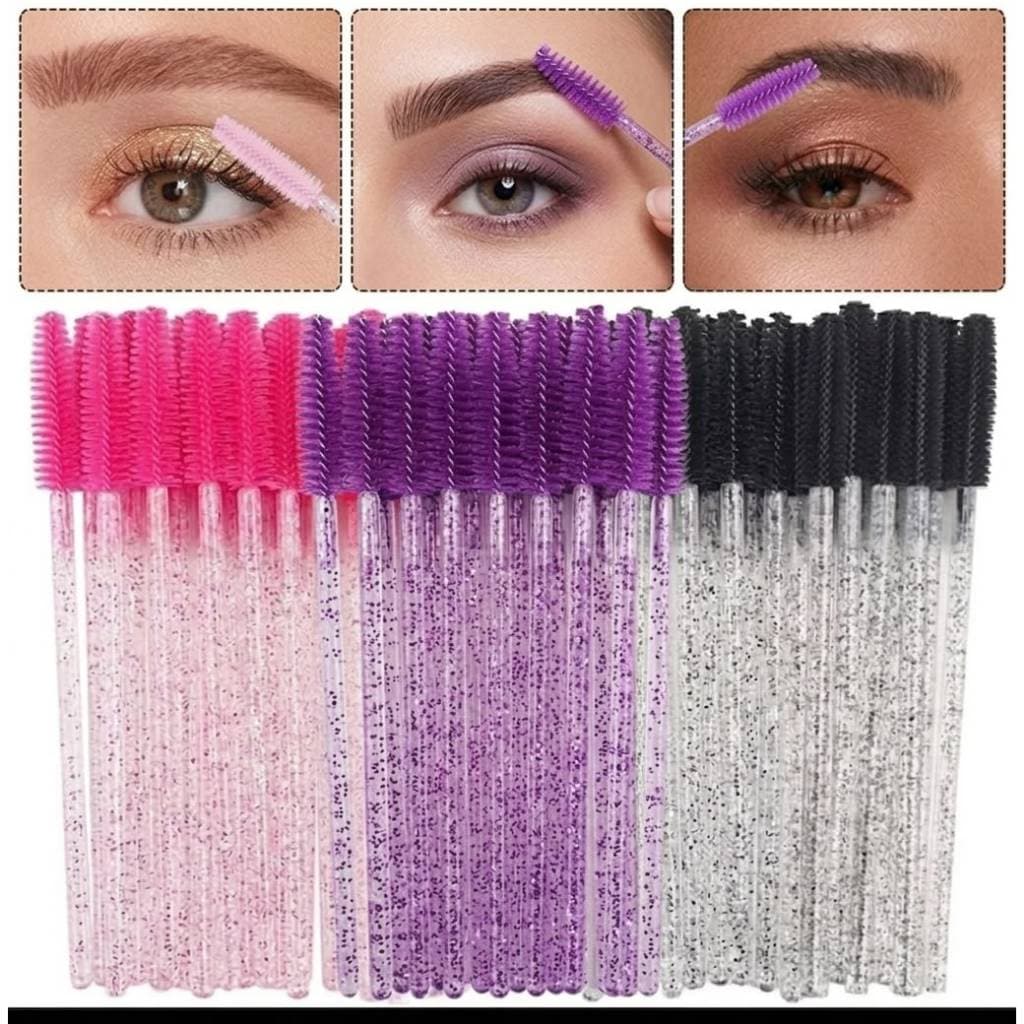 Kit com 50,100 e 200 Escovas Escovinhas De Cílios E Sobrancelha Descartáveis Com Glitter