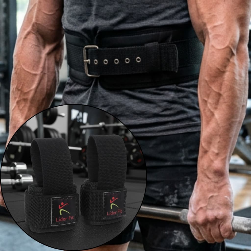 Cinta Cinturao Musculacao Academia Crossfit Treino + Par Strap Tala Munhequeira LPO