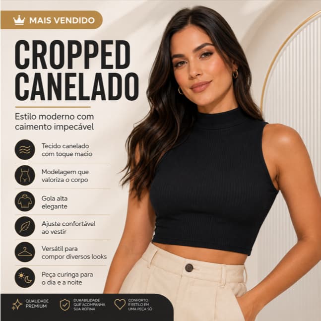 Cropped Feminino Canelado Gola Alta Sem Manga