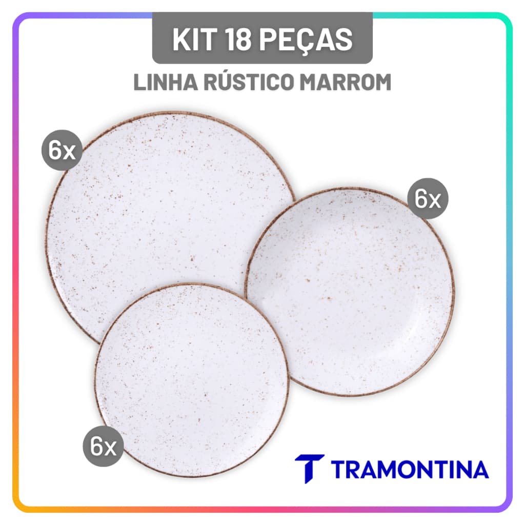 Jogo de Pratos Rasos, Fundos e Sobremesa Tramontina Rústico Marrom Conjunto de Pratos de Jantar 18 Peças