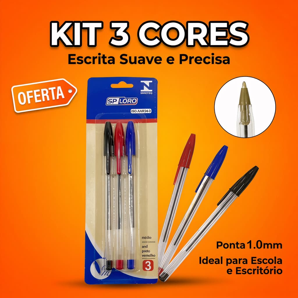 KIT 3 Caneta Esferográfica Azul/Preto/Vermelho Média 1.0mm Escrita Papelaria Escritório Escolar
