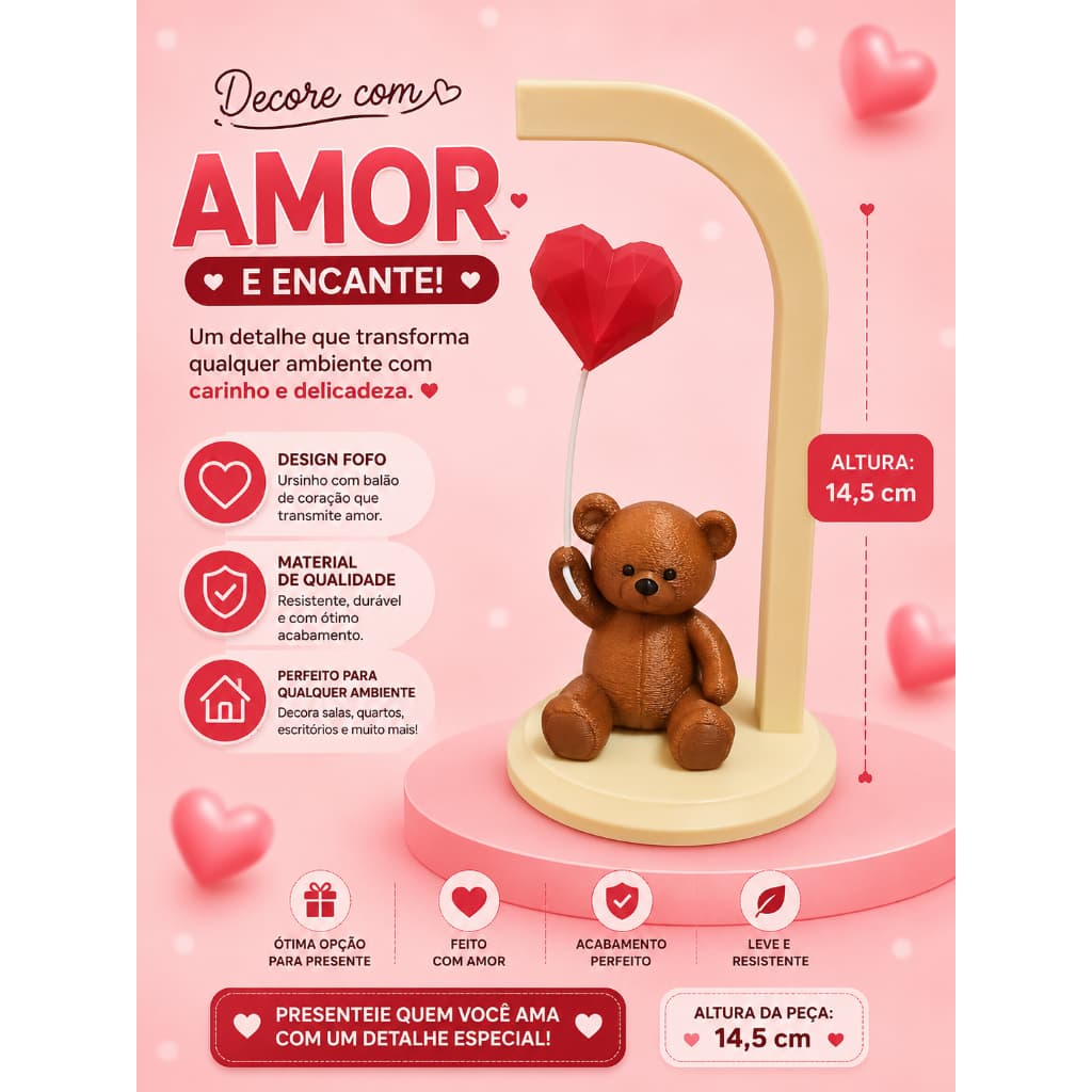🧸❤️ Ursinho com Balão de Coração em Impressão 3D | Decoração Fofa e Romântica ❤️🧸