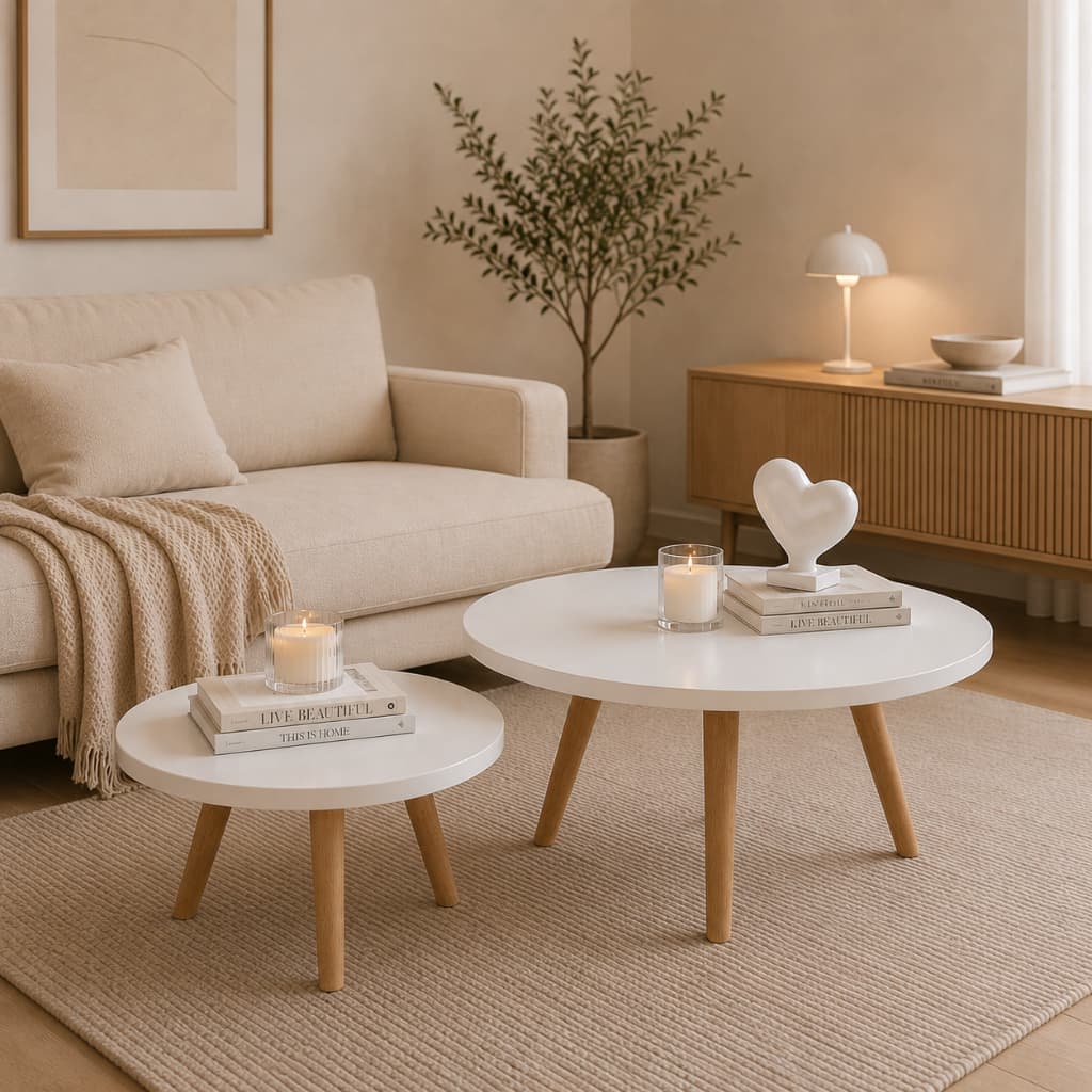 Mesas de Centro  60 CM MDF Branco Pés de Pinus Sala de Estar Minimalista Moderna Decorativa Premium