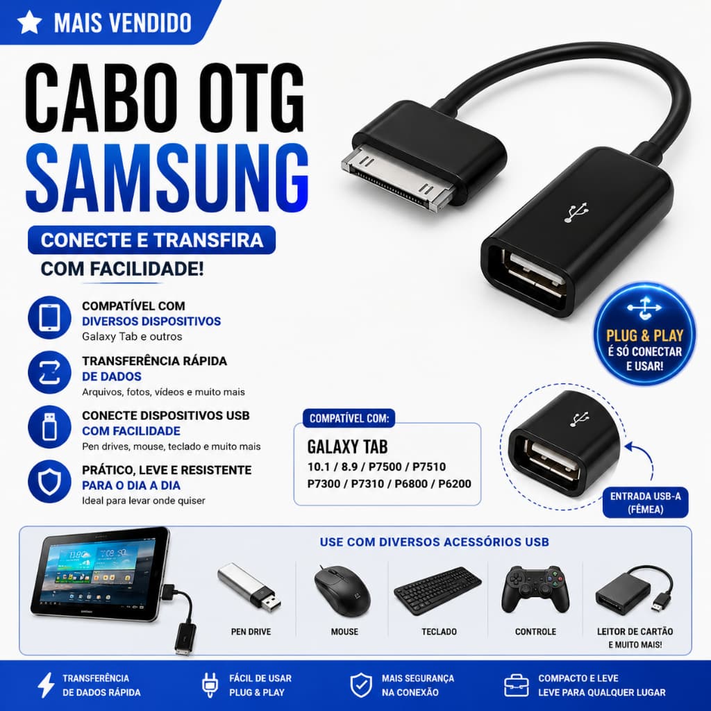 Cabo Adaptador OTG para Tablet Samsung Galaxy Tab USB Host 10.1 P7500 P7510