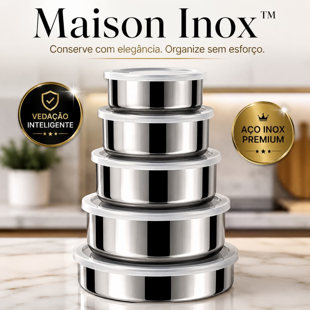 Conjunto 5 Potes Herméticos Inox Tampa Vedada Maison Inox™ Organizador Cozinha Premium Conservação Alimentos