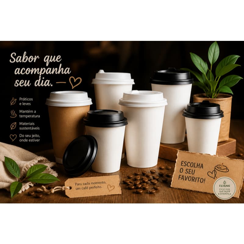 Kit Copos Térmicos de Papel + Tampas Plásticas Vabene