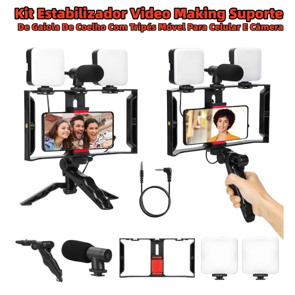 Kit Estabilizador Video Making Suporte De Gaiola De Coelho Com Tripés Móvel Para Celular E Câmera