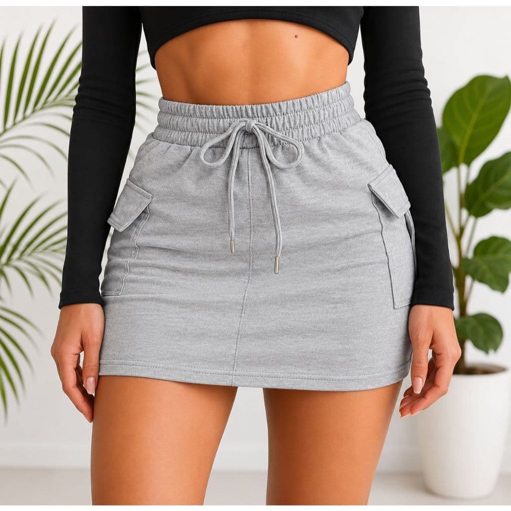 Saia Cargo Moletom Feminina Cintura Alta e Bolso Preta Marrom Branca Bege Verde