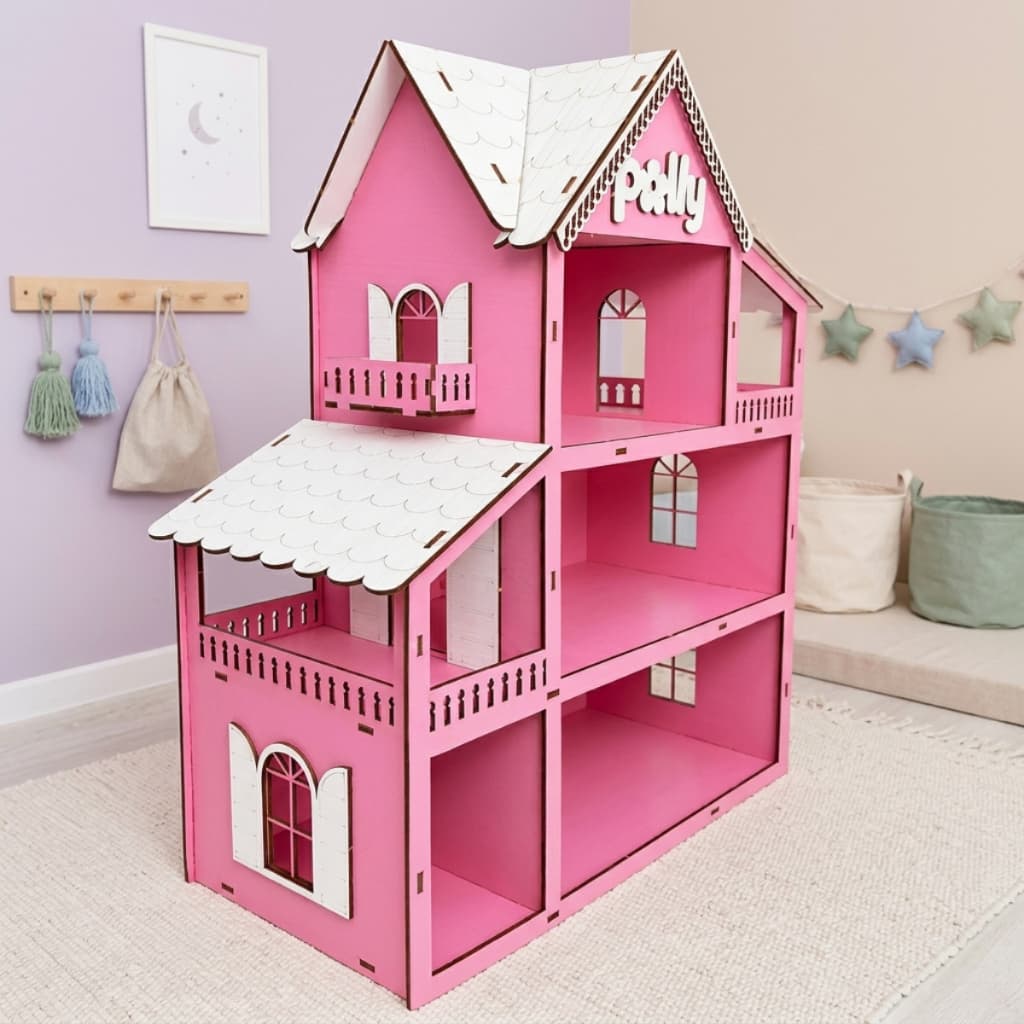 Casa De Bonecas Madeira Mdf Rosa + 30 Mini Móveis Mdf
