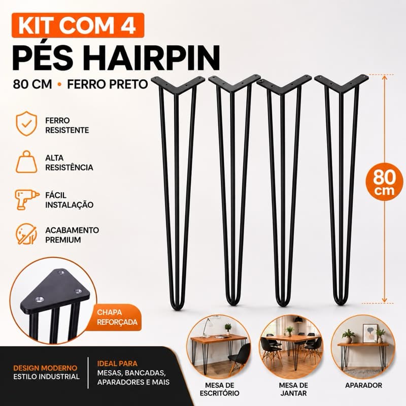 Kit 4 Pés de Mesa Hairpin 80cm Ferro Maciço Preto Reforçado Industrial