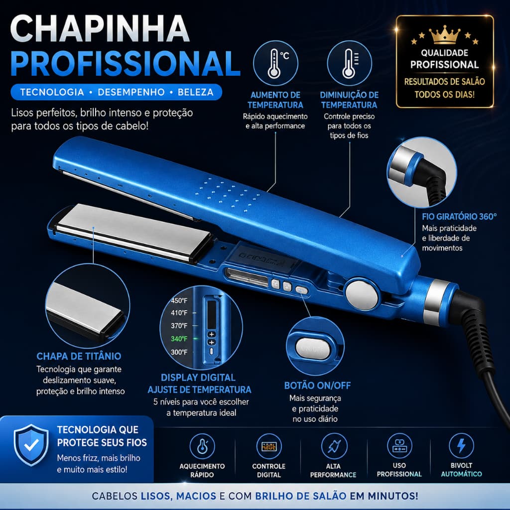 Chapinha Profissional Titanium Prancha Alisadora Bivolt Controle de Temperatura Digital