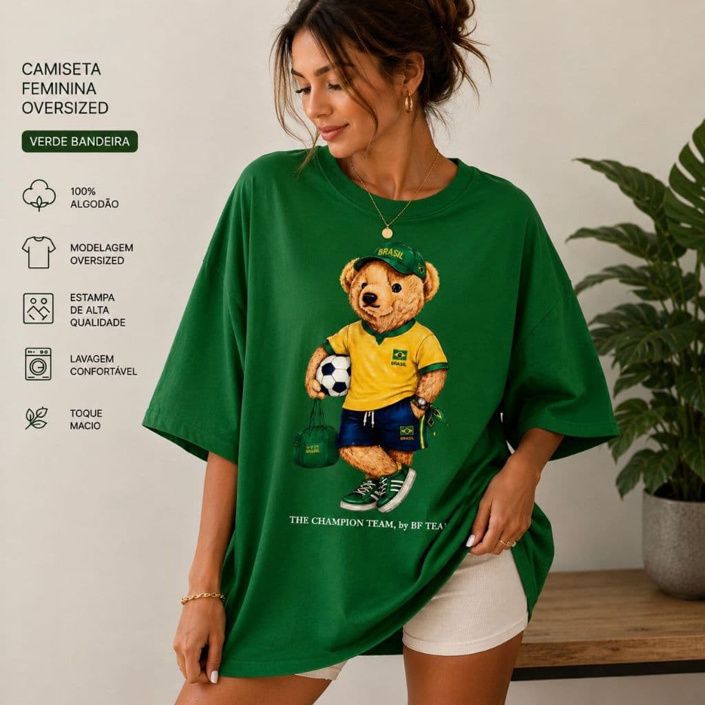 Camiseta Feminina Oversized Urso Brasil Copa do Mundo 100% Algodão Estampa Premium Moda Casual Streetwear