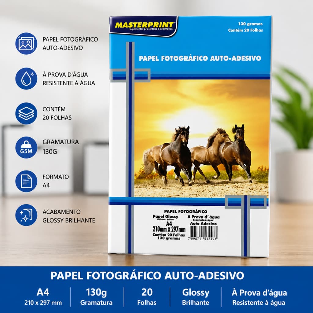 Papel Fotográfico Adesivo Glossy Brilhante 130g Resistente a água A4 MASTERPRINT