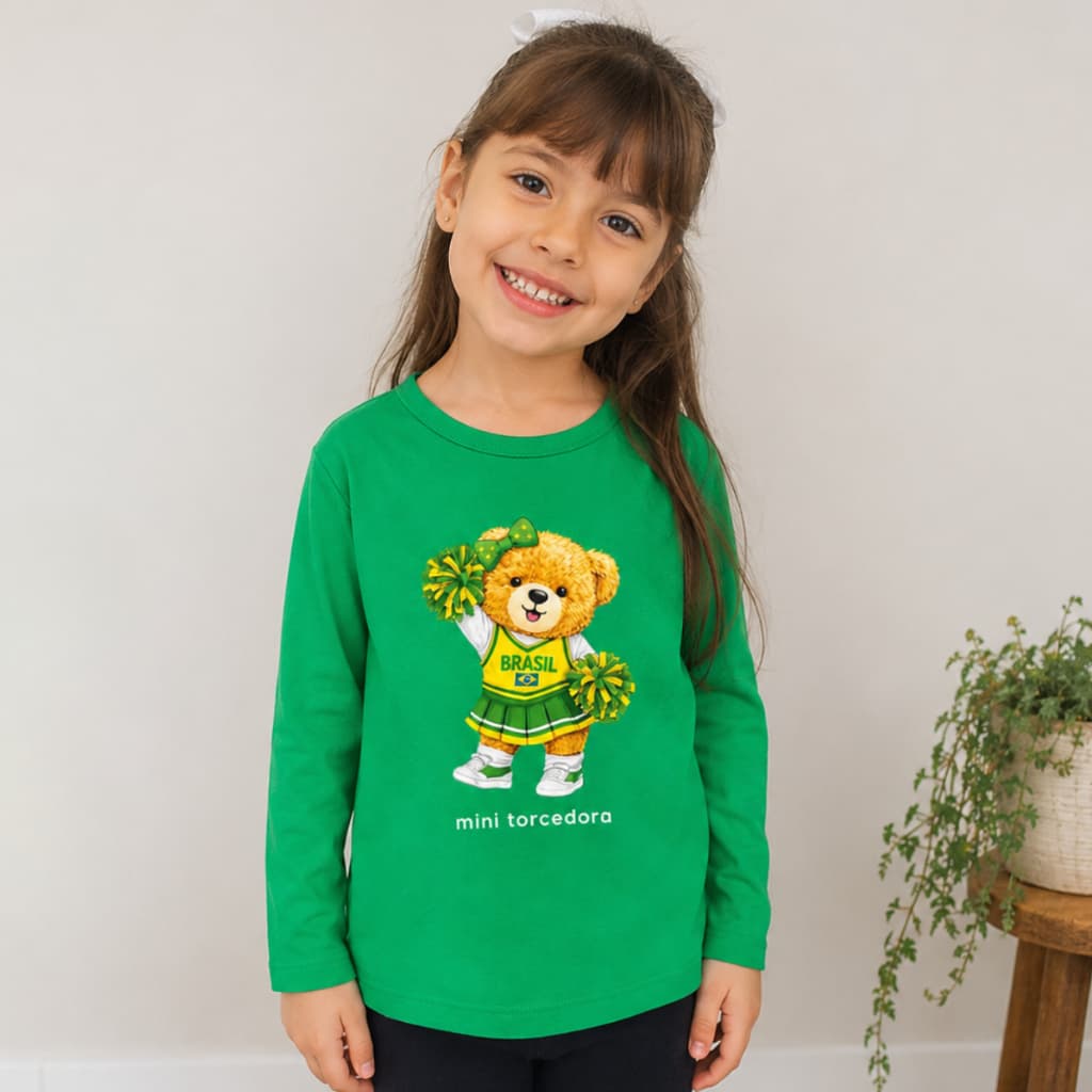 Blusa Infantil Manga Longa Brasil Ursinho Copa