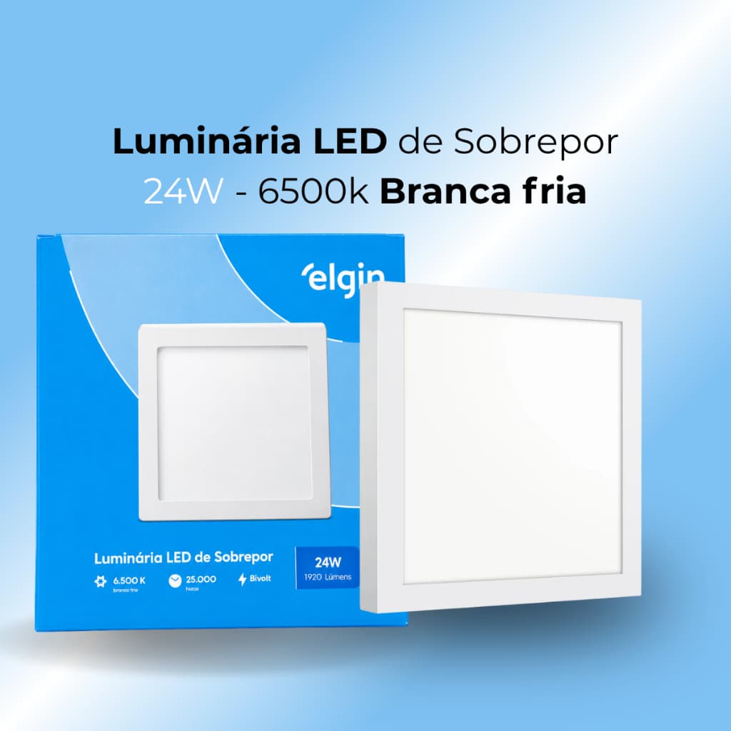 Luminária LED Sobrepor Elgin 24W Quadrada 6500K Branco Frio Bivolt 1920 Lumens Painel LED
