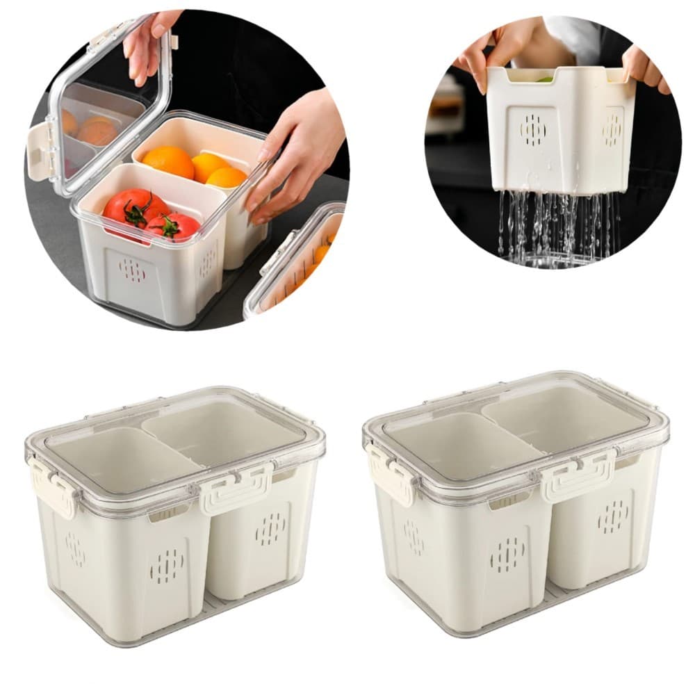 2 Organizador Acrílico Para Geladeira Com Tampa E Drenagem, Frutas Legumes, Com 2 cestos, 3,5 litros