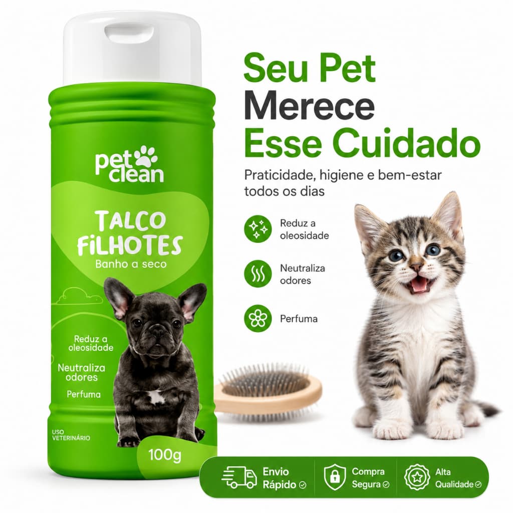 Talco Banho a Seco Filhotes Pet Clean 100g Cães e Gatos Neutraliza Odores | Sem Enxágue Higiene | Sem Água