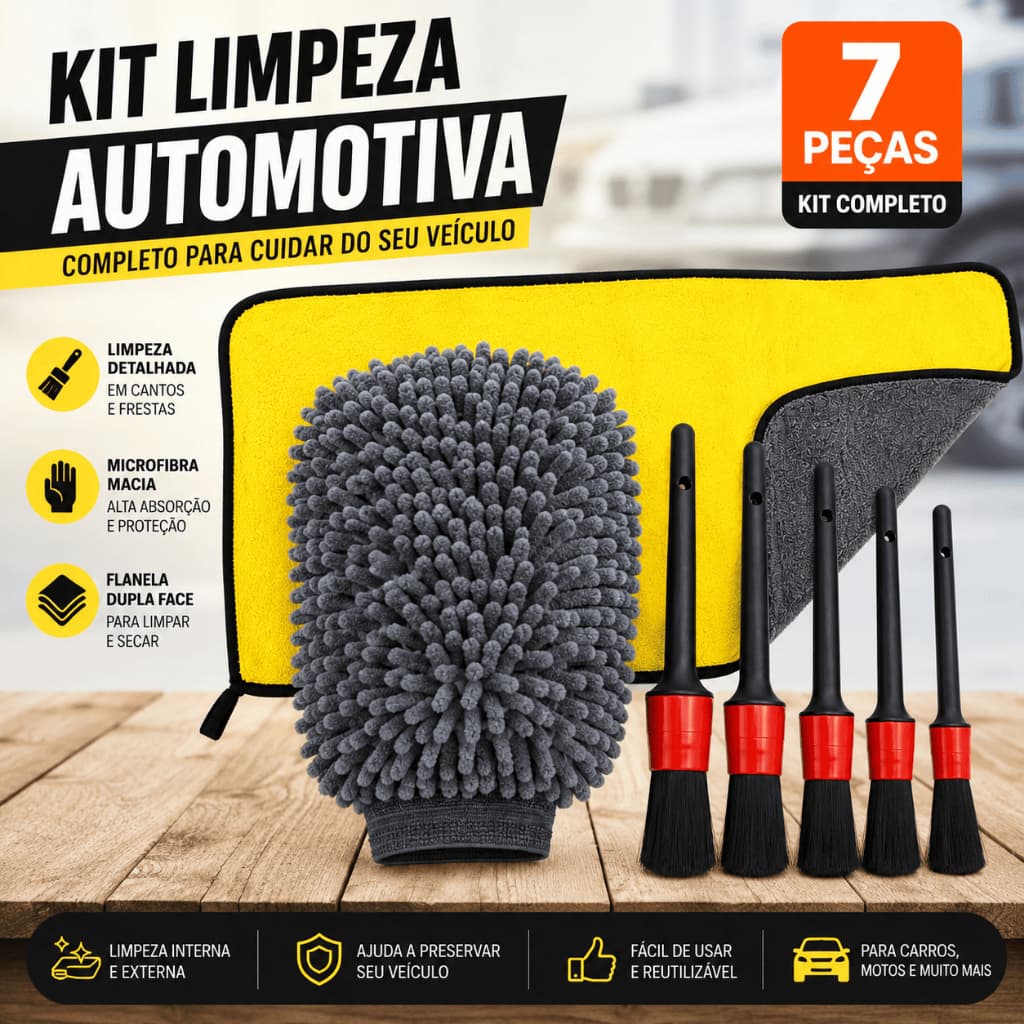 Kit  7 Peças Limpeza Automotiva Pincéis Detalhamento Luva Grande Flanela Carro 60x30Cm