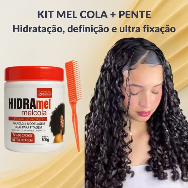 Kit Mel Cola Gelatina Fixadora Cachos Naturais 500g + Pente Fitagem Cabelo Crespo Ondulado Cacheado