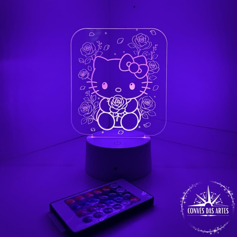 Luminária LED Hello Kitty Com Rosas Personalizada RGB Controle Remoto Presente Decorativo