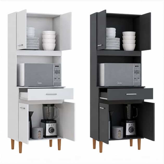 Armário Multiuso Brescia Com Gaveta 170cm Organizador Cozinha Lavanderia Nicho  Branco Preto