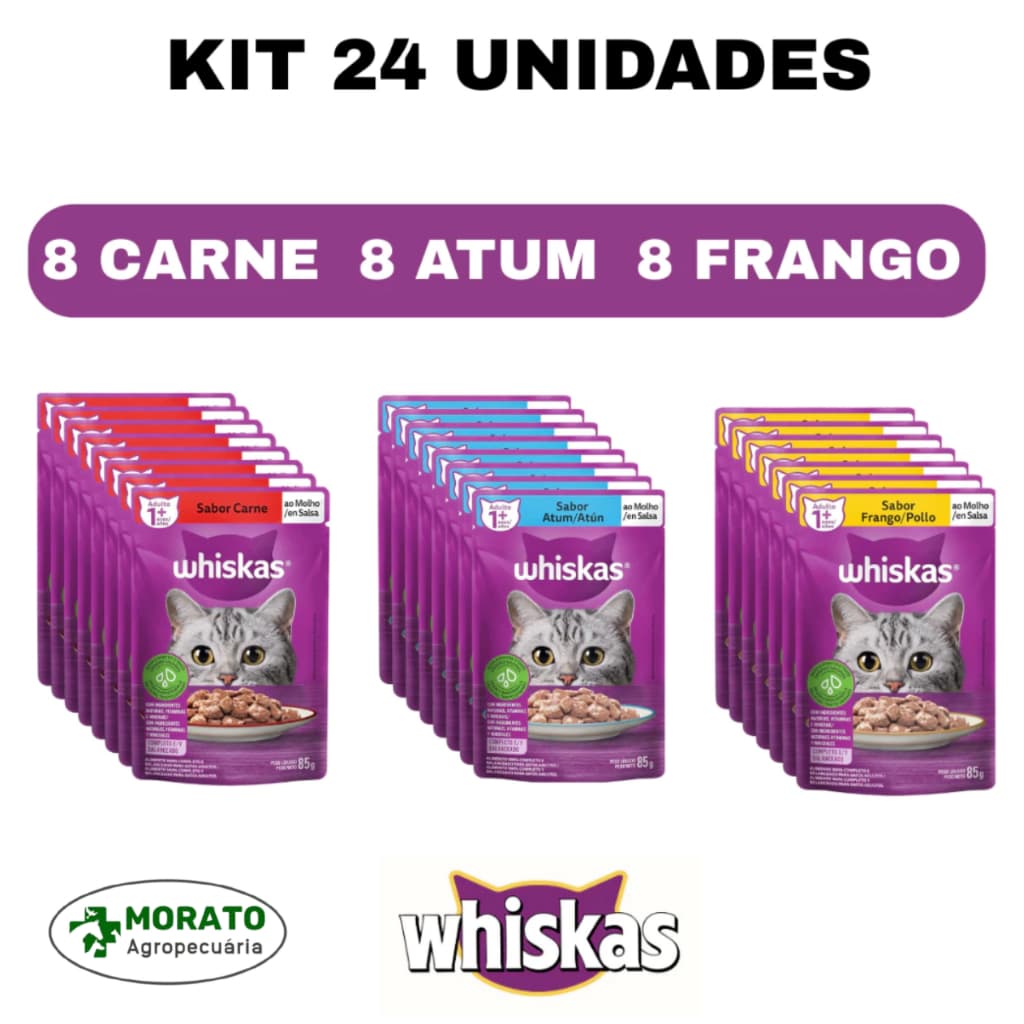 Kit 24 unidades Whiskas Sachê 85g Sachê para Gatos Adultos Sabores Frango Atum Carne Alimento Úmido