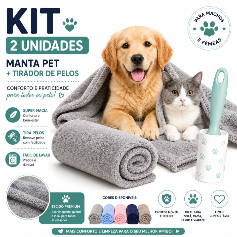 Kit com 2 Manta Cobertor Pet Quentinho com 1 Tirador de Pelos