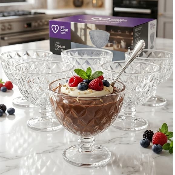 Taças de Sobremesa de Cristal Jogo 6 Unidades 300ml Elegante Luxo Vidro Resistente Gourmet Casa