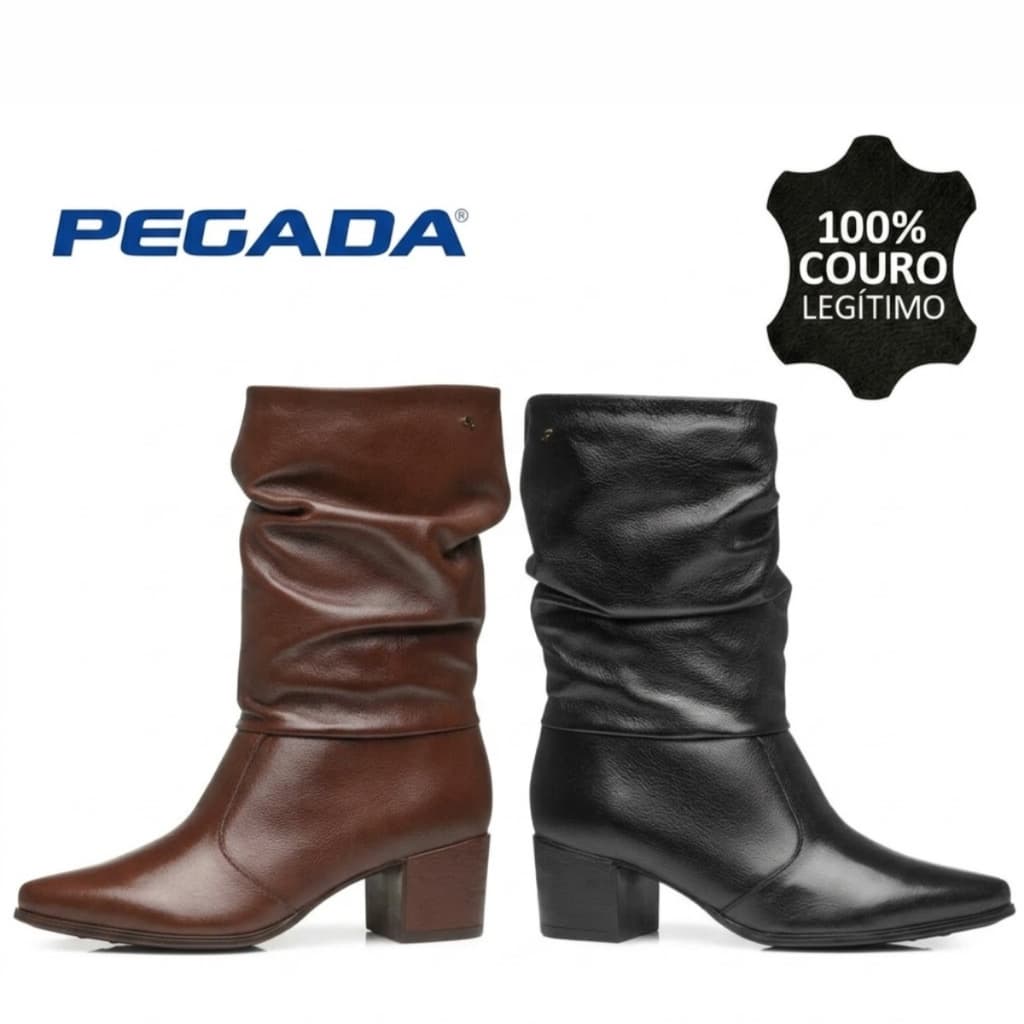 Bota Feminina Pegada Couro Cano Médio Slouch Confortável Peluciada Salto Bloco Lançamento