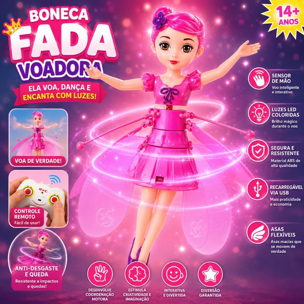 Boneca Fada Voadora Com Controle Remoto Sensor De Mão Luz LED Recarregável USB Brinquedo Infantil Mágico