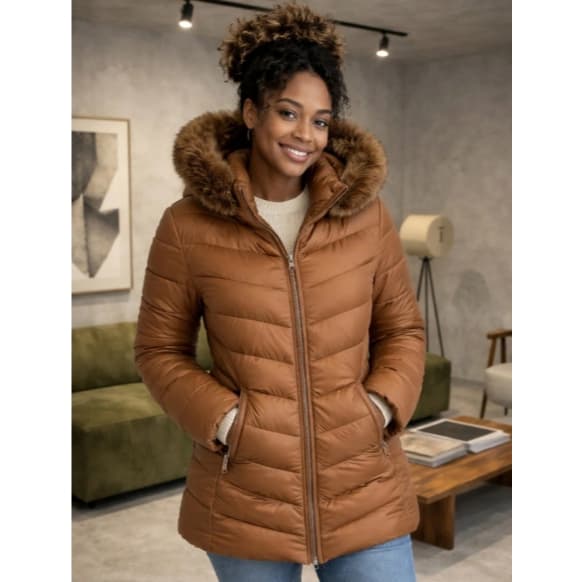Jaqueta Femininas Puffer  Colchoado  Gominho E Capuz Removível E Pelúcido