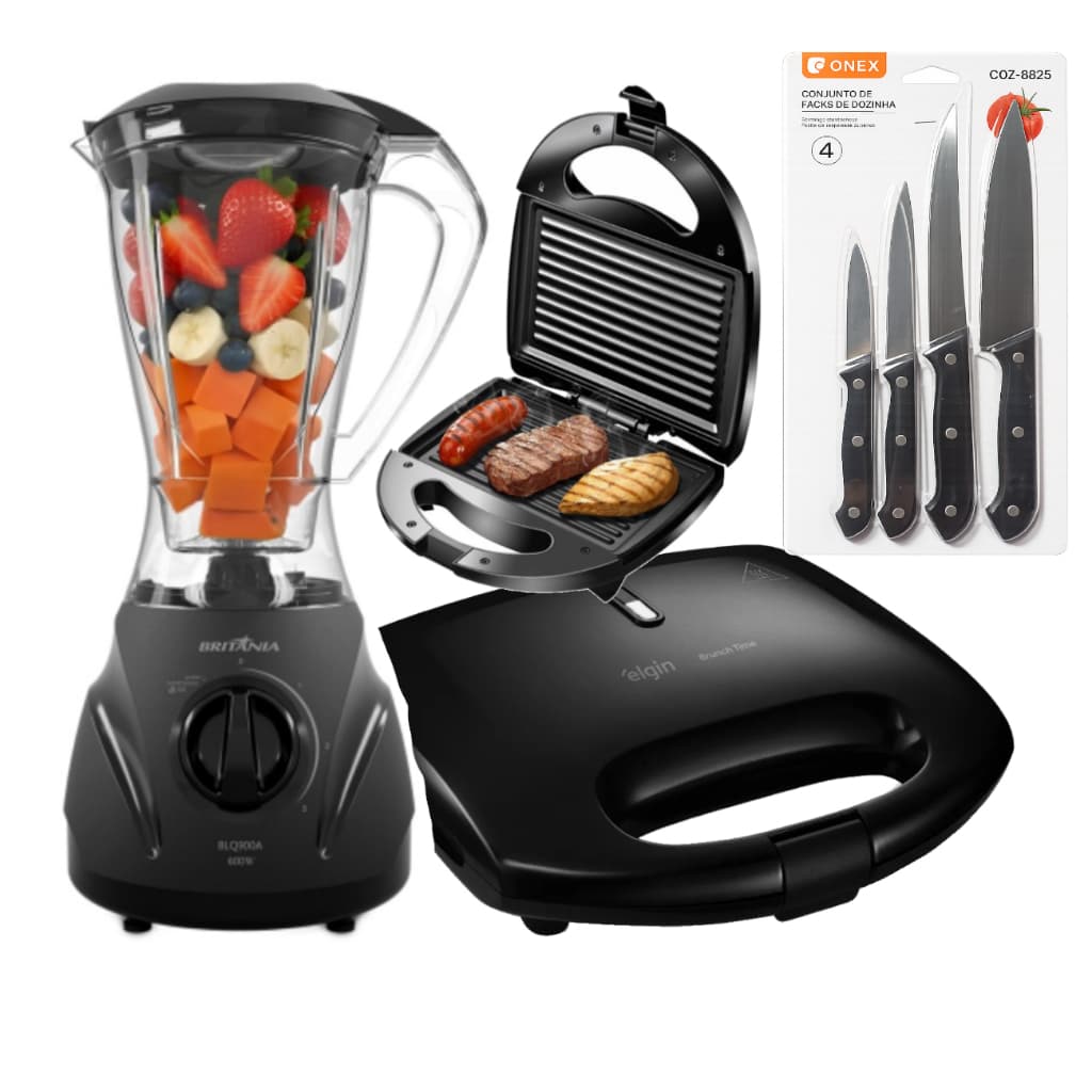 Kit Liquidificador Britania Turbo 600W  + Sanduicheira Grill 750W Preto E Facas