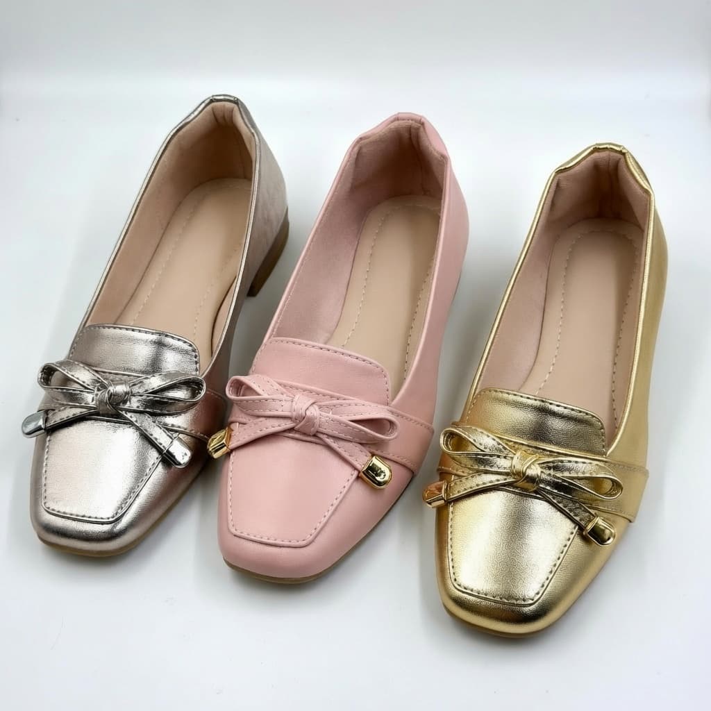 Mocassim Feminino Laço Delicado Sapatilha Feminina Metalizado Casual Bico Quadrado