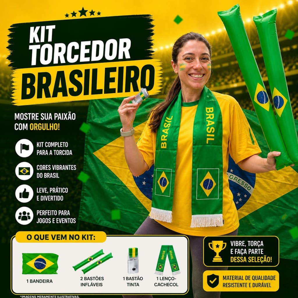 🏆 Kit 3 Torcedor Brasil Copa do Mundo 2026 4 Itens Bandeira, Cachecol, Bastões Infláveis, Bastão Pintura Facial