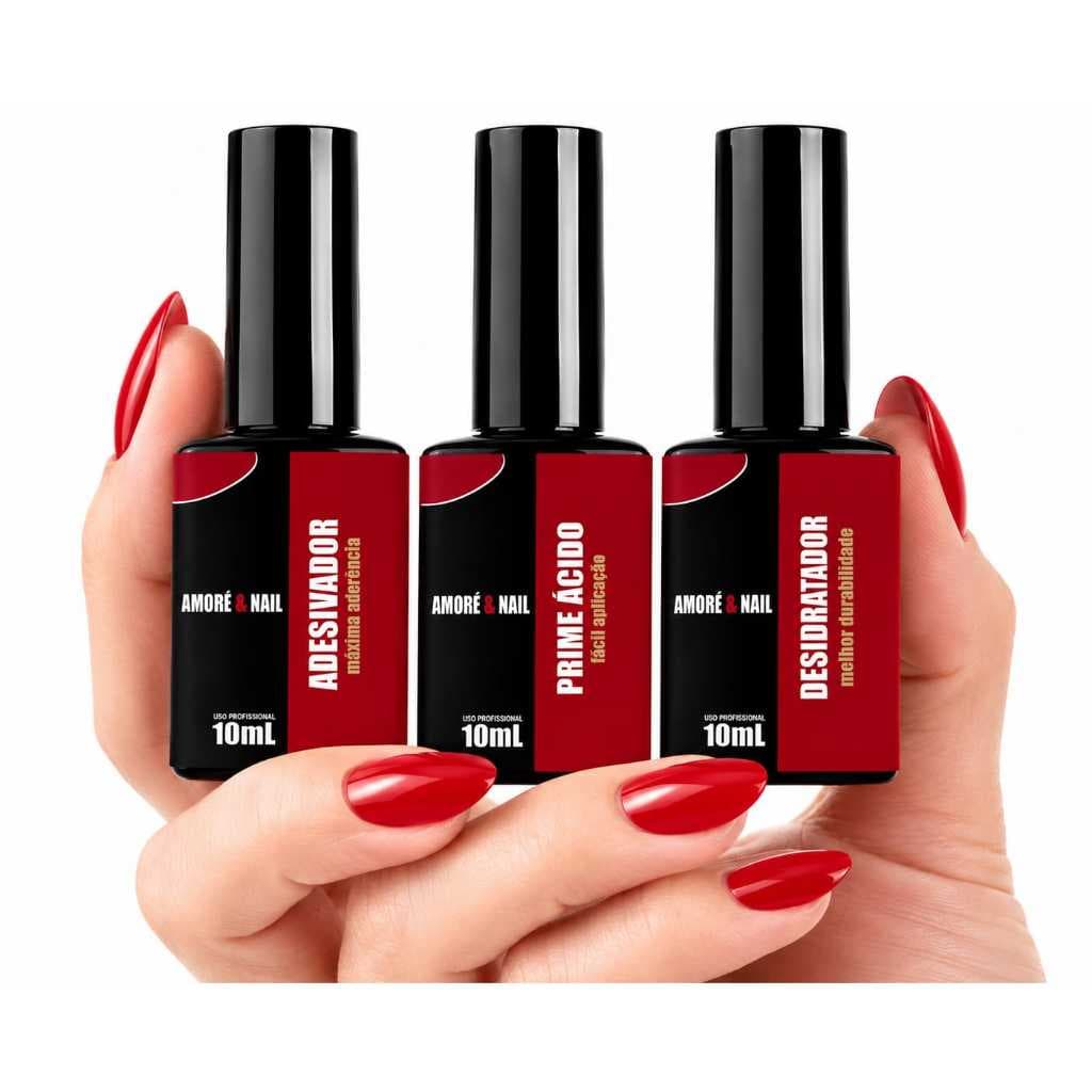 Kit 3 Preparadores Desidratador/ Adesivador/ Primer Ácido Alongamento De Unhas AMORÉ&NAIL 10ml