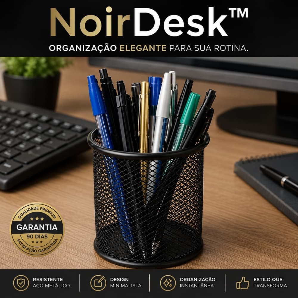 Porta Canetas Organizador Mesa Escritório Aramado Preto Metal Home Office | NoirDesk™