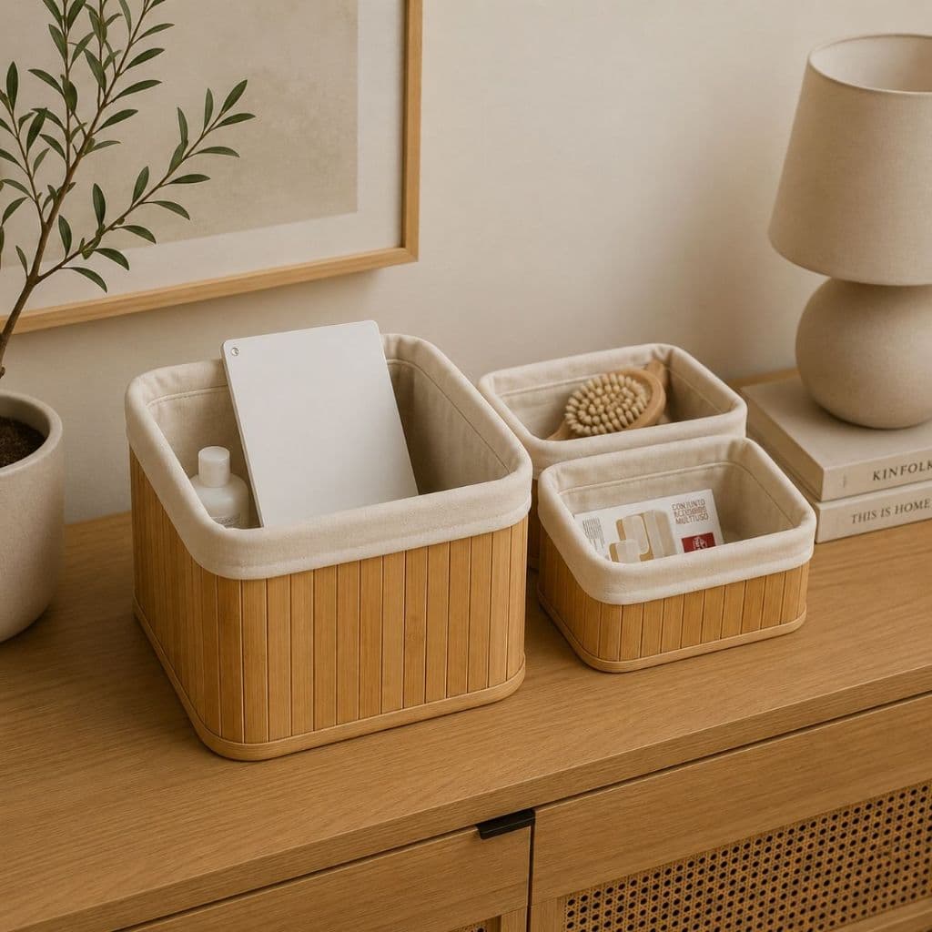 Cesto organizador de bambu, kit com 3, multiuso cestos forrados conjunto de cestos de bambu