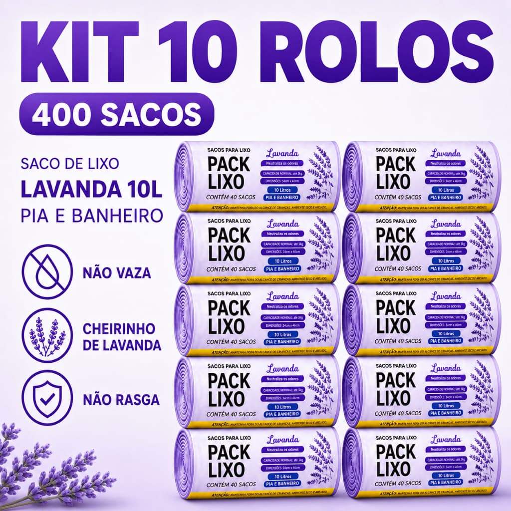 Kit 10 Sacos De Lixo Lavanda 10L 34cm x 40cm Reforçado 400 Sacos Pia Banheiro Cozinha Neutraliza Odores