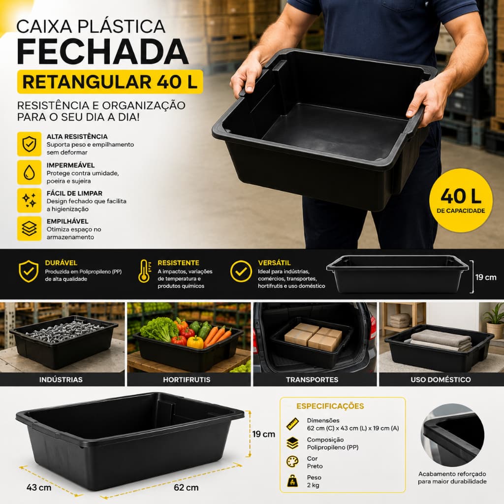 Caixa Plástica Retangular 40 Litros Com Fechamento Seguro Durável Preta Organizadora