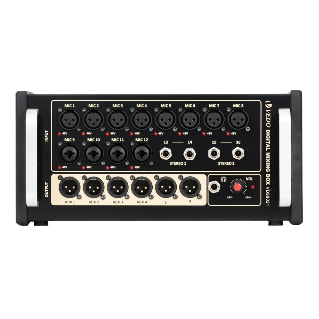 VEDO Mesa De Som Digital 16 Canais Com 1 Ethernet/Wi-Fi integrado GAIN/XLR OUT/4 Grupos DAC/31 bandas 2 reverbs+2 delays
