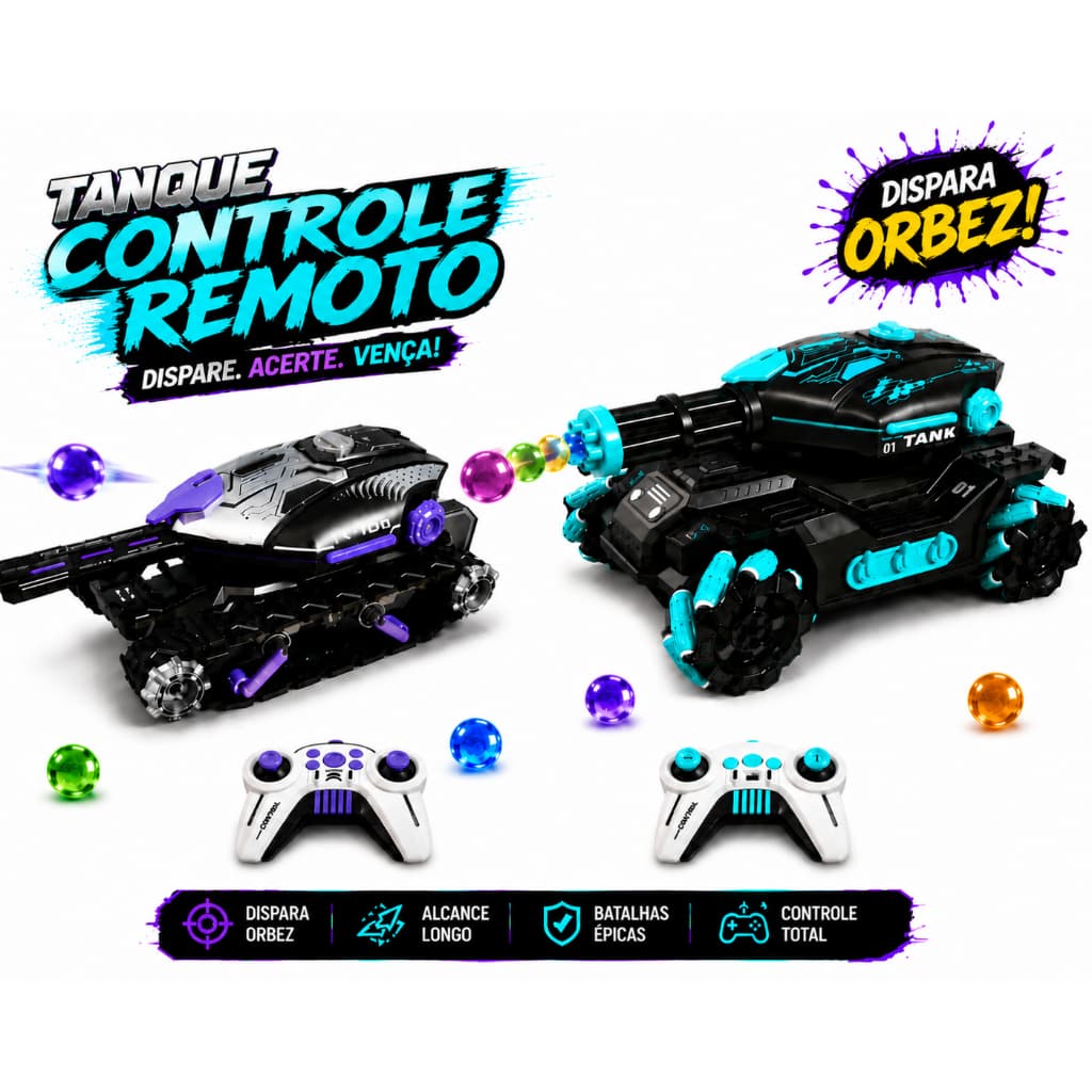 Carrinho Controle Remoto Tanque de Guerra Recarregável Bolinhas de Gel Kit Completo