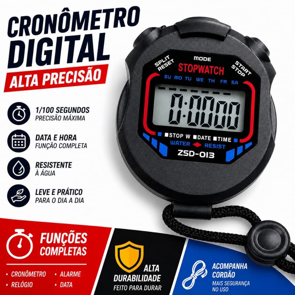 Cronômetro Esportivo Digital Preto 1/100s com Tela Grande e Fácil Leitura