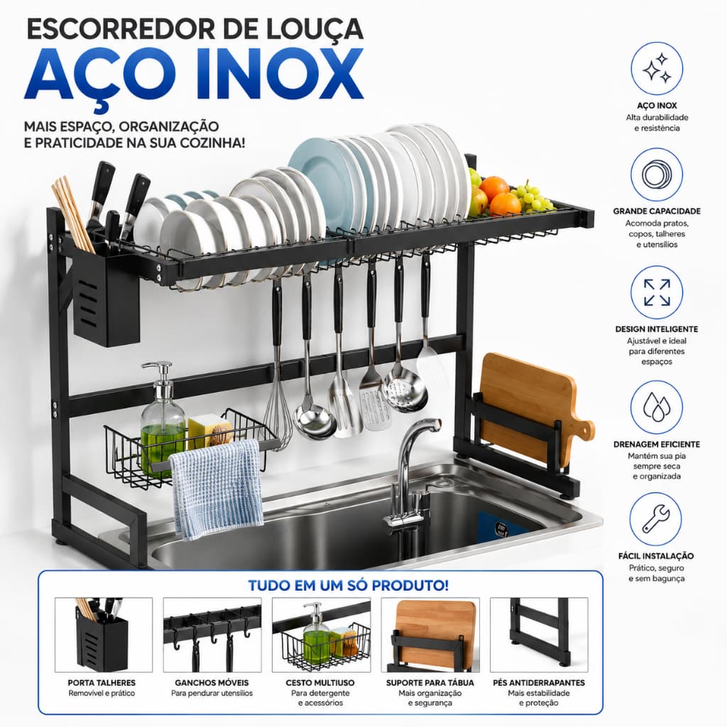 Escorredor Louça Suspenso Pia 2 Andares Pratos Copos Talheres Modular Organizador Cozinha Aço